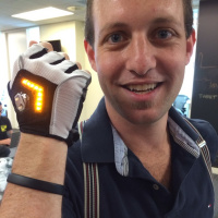 Zackees Bicycle Gloves Are Cool Signaling. Wearable Tech Coming. @perpetualmaniac Showing Me The Future. at Wearable World Headquarters