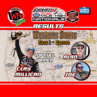 Clay Millican joins Alan Reinhart and Joe Castello after the Dodge Mile High NHRA Nationals