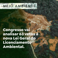 Congresso vai analisar 63 vetos à nova Lei Geral do Licenciamento Ambiental.